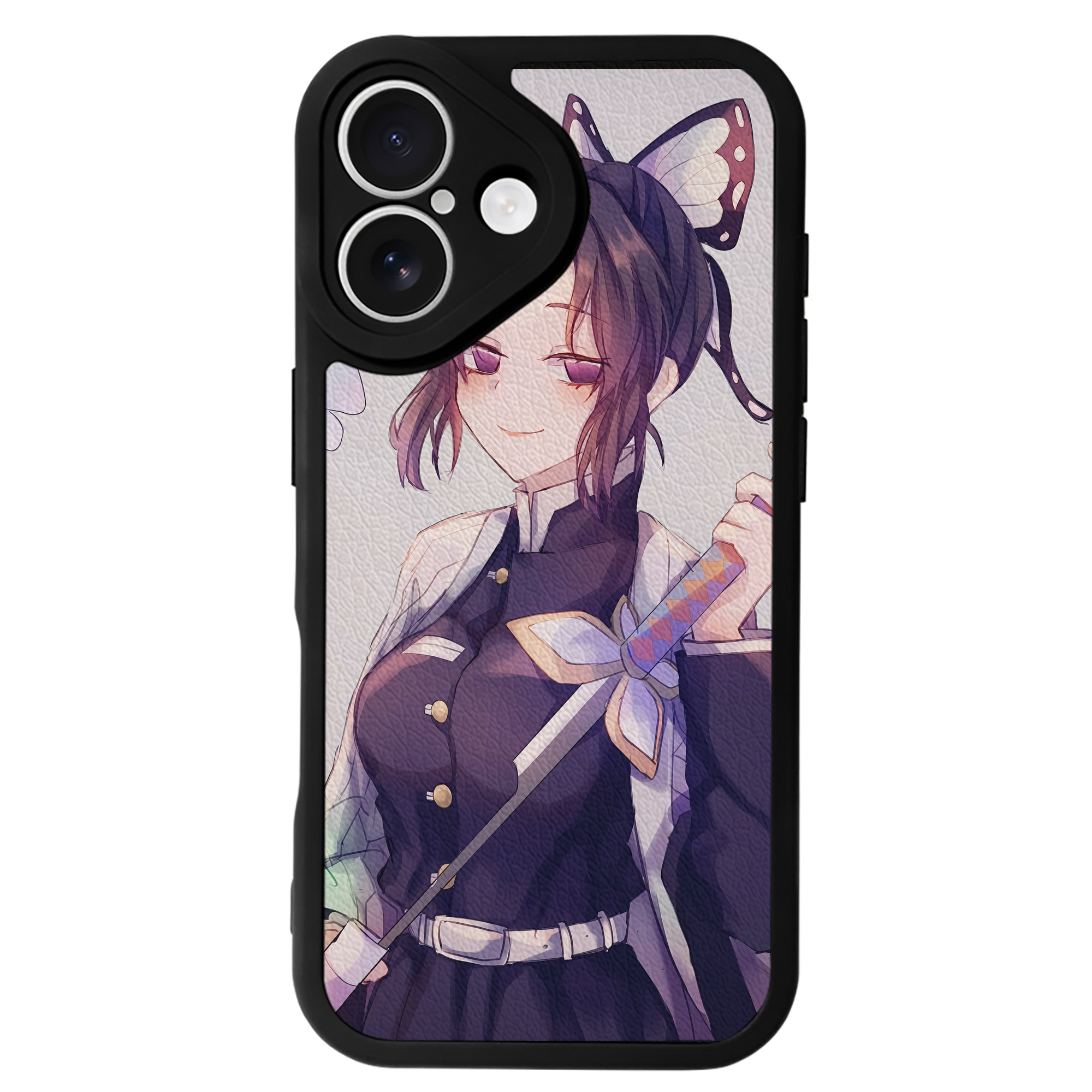 （画像用） 鬼滅の刃（きめつのやいば）蟲柱-胡蝶 しのぶ／こちょう しのぶ Kochou Shinobu 【iPhone 16シリーズ対応】シリコンスマホケース（レザー調） 材質：シリコン